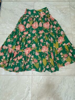 Natural Life Floral Tiered Midi Skirt in Green and Pink